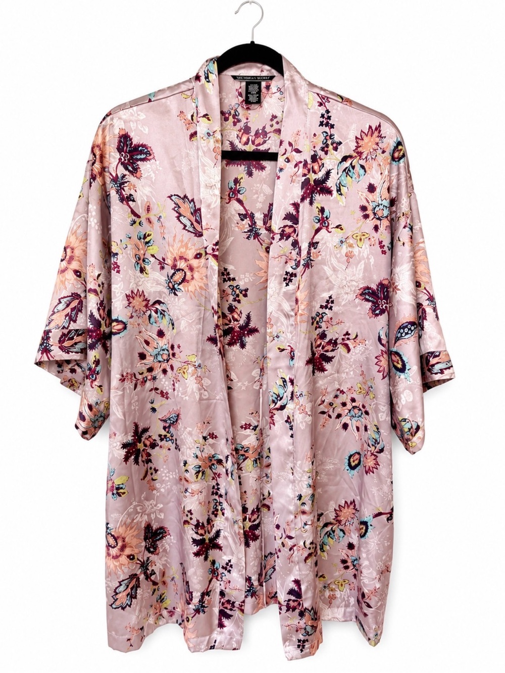 Victoria’s Secret Floral Satin Kimono Robe XS/S Pink boho wrap lightweight cozy